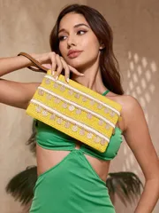 バッグ レディース ハンドバッグ カラーブロック ストライプ柄 リストレットクラッチバッグ バケーション用