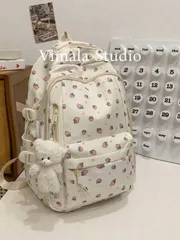 バッグ レディース バックパック ファッションローズプリント レディースバックパック、多機能ポケット設計、厚手の学生用バックパック、防水バックパック、テディベアペンダントアクセサリー付き、大容量 学校必需品