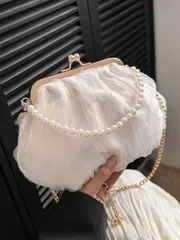 バッグ レディース ドレスバッグ 2025年春夏ロマンチックな結婚式シーズン 1個 ホワイトパール ネット生地 フラワークリップ付き ソリッド ジャガード ソフト プリーツ パールハンドバッグ、高級レディース ラグ