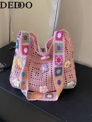 バッグ レディース ショルダーバッグ ファッショナブルで人気の高いボヘミアンスタイルのカラフルなクロスボディバッグ。中空織り技術で作られ、祖母のチェック柄クロシェ模様、ヴィンテージな手作り感とサマーな雰囲気。大容量