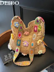 バッグ レディース ショルダーバッグ ファッショナブルで人気の高いボヘミアンスタイルのカラフルなクロスボディバッグ。中空織り技術で作られ、祖母のチェック柄クロシェ模様、ヴィンテージな手作り感とサマーな雰囲気。大容量