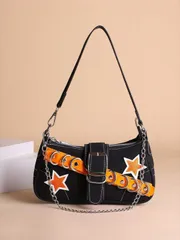 バッグ レディース ショルダーバッグ 1個 オレンジ配カラーブロック スター刺繍 Y2Kスタイルファッション バックル付きアンダーアームポーチ クロスボディバッグ(女性用)