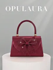 バッグ レディース ドレスバッグ レディース ヨーロッパ&アメリカンファッション バーガンディーサテンフラップイブニングバッグ、輝くエレガントなリボンとラインストーンのデコレーション パーティークラッチ、フォーマル