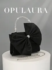 バッグ レディース ドレスバッグ レディース エレガントブラックサテンフラップイブニングバッグ、輝くちょう結びクリスタルデコレーション パーティークラッチハンドバッグ、ラグジュアリーフォーマルドレスバッグ、チェーン