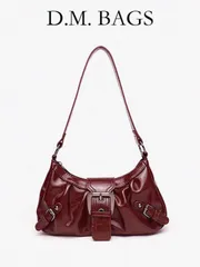 バッグ レディース ショルダーバッグ Y2K ビンテージ ソフト加工レザーモーターサイクルバッグ、リベット、バックル、プリーツ雲デコレーション、ショルダー/脇下バッグ、仕事、通勤、デート、パーティーに適しています