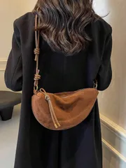 バッグ レディース ショルダーバッグ 1個 無地スエード調生地ショルダーバッグ レディース、ヴィンテージファッション クレセント型ジッパー開閉、デイリーやアウトドアに適した、フェイクスエードバッグ、ヴィンテージスタ