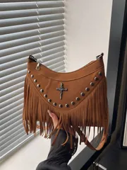 バッグ レディース ショルダーバッグ 1個 フリンジ装飾 無地 スエード/PU クロスボディバッグ ジッパー付き、ヴィンテージファッション、秋冬の女性の日常使いに適しています