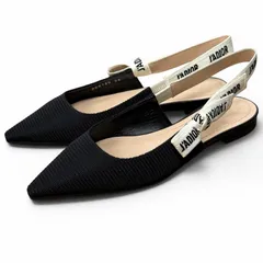 美品★Christian Dior クリスチャンディオール KCB384TFLS900 J'ADIOR レザー使い スリングバック フラット パンプス ブラック アイボリー 36 イタリア製 レディース 箱付き