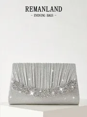 バッグ レディース クラッチバッグ ミニ輝くチェーン折りたたみプリーツスクエアクラッチバッグ、ラインストーン装飾イブニングバッグ、ボールガウン、パーティーアクセサリー、スパンコールドレス、シャイニードレス、エレガン