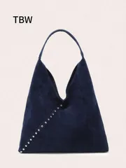 バッグ レディース ショルダーバッグ 1個 レディース トートバッグ&ハンドバッグ、ネイビーブルーのスエード、リベット装飾、ヴィンテージ 多用途 通勤スタイル、秋冬のお出かけに適しています