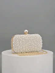 バッグ レディース ドレスバッグ 1個 ホワイトパールイブニングハンドバッグ、エレガントなファッションクラッチ、高級感のある大粒パールを使用したデザイン、様々なシーンに適しています。反抗的な花嫁バッグ、パーティー、