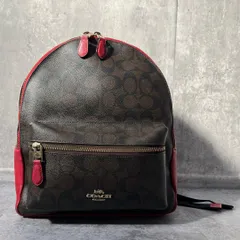 【COACH】コーチ シグネチャー柄バックパック チャーリーシグネチャーバックパック シグネチャーモチーフ レザー PVC レディース ブラウン 茶色 レッド 赤色 ロゴ入り バイカラー リュック カジュアル向け