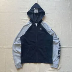 archive　Abercrombie&Fitch　アバクロ　フルジップアップ　短丈パーカー　スウェット生地　アイコン刺繍　袖ロゴワッペン　デカフード　ラグランスリーブ　ネイビー×グレー　Y2K　平成ギャル　グランジ　zip-up big logo parka