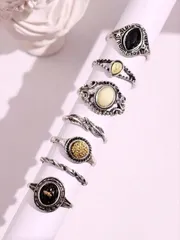 リング レディース セット 7個セット アンティークシルバー調ひび割れ加工ラインストーンホロー フラワー デザインメタルリング、レディースジュエリーセット