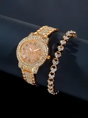 腕時計 レディース セット ローマ数字 完全にビーズで飾られた バングル時計 と シルバートーン ダブルストランド ブレスレット時計 セット