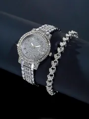 腕時計 レディース セット 女性ファッション用 ローマ数字バングル腕時計 全身宝石 ダブルレイヤー ブレスレットセットウォッチ コンボ シルバートーン