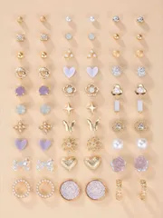 ジュエリー レディース イヤーアクセサリー セット 30ペア シルバーメタルスタッズ ハート、リーフ、フラワー、イニシャル フェイクパール ピアスセット ウィメンズ バレンタイン、母の日、ギフト