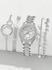 腕時計 レディース セット 5個セット 女性用 腕時計 シルバーカラー 合金バンド ラグジュアリー ラインストーン クラシックな3つの目盛りの丸型文字盤 クォーツ式 ブレスレットウォッチ セット 日常のコーディネー