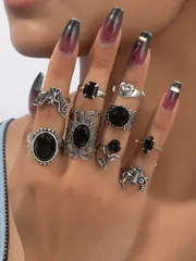 リング レディース セット 9個セット ヴィンテージ シルバー ゴシック ブラックローズ コウモリ ハート デザイン ヴァンパイア スタッカブル リング、女性、バレンタインデー、母の日ギフトに適しています
