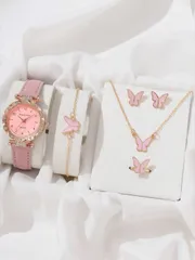 腕時計 レディース セット レディース レザー ストラップ クオーツウォッチ 6本セット、蝶と星のネックレス、蝶のブレスレット、リング、ピアス