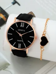 腕時計 レディース セット 1個 シンプルカジュアル レディース クォーツ レザーウォッチ、1個 ハート型デコレーション ブレスレット(ボックスなし)