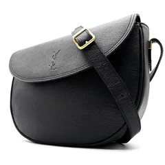 YVES SAINT LAURENT イヴサンローラン カサンドラロゴ ステッチ ハーフムーン ショルダーバッグ ポシェット レザー ブラック 黒 斜め掛け フラップ ゴールド金具 ヴィンテージ オールド レディース カバン 鞄