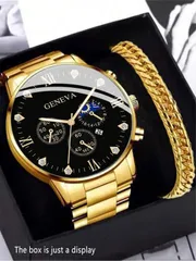 腕時計 メンズ セット メンズクォーツ腕時計 ステンレススチールバンド ゴールド ラインストーン装飾 + ブレスレット 1個セット、学生のための日常用ギフト