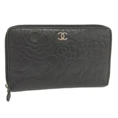 CHANEL カメリア ラウンドファスナー 長財布 レザー ブラック