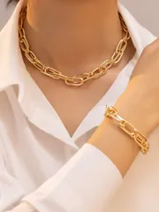 ジュエリー レディース セット 女性用ジュエリーセット: 1個クラシックミニマリストメタルチャンキーチェーンブレスレット & 1個ネックレス