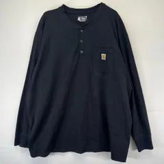 古着 カーハート Carhartt 長袖Tシャツ ワンポイントロゴ ハーフボタン クルーネック 胸ポケット 4XL  ブラック系 メンズ