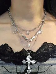 ジュエリー レディース ネックレス 3個セット レトロ ゴシック クロス スター デザインフリンジネックレス、ラインストーン付き、非伝統的なスタービーズのヒップホップミニマリストネックレスセット、女性用