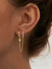 ジュエリー レディース イヤーアクセサリー 1個 輝くダブルフープチェーン ペンタグラム キュービックジルコニア ティアドロップピアス、女性のジュエリー パーティーギフト、925スターリングシルバー ユニークで魅力