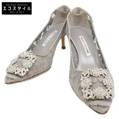 MANOLO BLAHNIK マノロブラニク HANGISI ハンギシ ビジュークリスタル ポインテッドトゥ レースデザイン パンプス 37 1/2