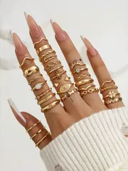 リング レディース セット 30個セット ファッションリング、ヒトデ、四つ葉のクローバー、シンプルラインストーン、悪魔の目、ボヘミアン幾何学デザインを含む