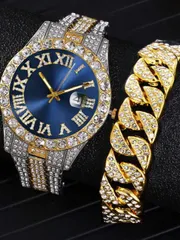 腕時計 メンズ セット 1個 メンズ スチールバンド クォーツ カラフル 腕時計 と 1個 ブレスレット