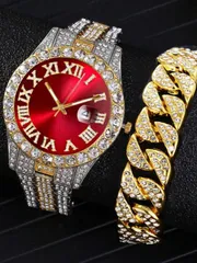 腕時計 メンズ セット 1個 メンズ スチールバンド クォーツ カラフル腕時計 と 1個 ブレスレット