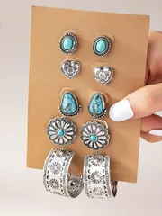 ジュエリー レディース イヤーアクセサリー セット  5 ペア アンティーク シルバー ターコイズ ストーン デコレーション ウエスタン コンチョ スタッド フープ イヤリング セット 女性用
