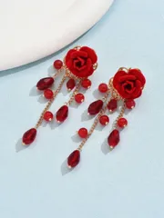 ジュエリー レディース イヤーアクセサリー  1ペア 豪華エレガントレッドローズ レッドクリスタルタッセル ピアス ファッション可愛いジュエリー女性&ティーンガール バレンタイン、母の日、ギフトに
