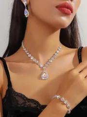 ジュエリー レディース セット 1セット: ピンクキラキラ クリスタルダイヤモンドネックレス1個、クリスタルダイヤモンドドロップピアス1ペア、クリスタルダイヤモンド フラワーブレスレット1個