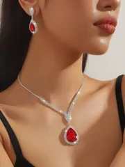 ジュエリー レディース セット マルチカラー ジオメトリック ティアドロップ型 クリスタル ネックレス+ピアス セット 1個入り、女性用、夜会ドレスに最適、ベーシックなジュエリーセット