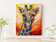カラフルなキリンの原画　絵画　キャンバス　現代アート　動物画　モダンアート　真作 F3号】【2025年制作】【キリン 全身】キャンバス 原画 絵画 動物画