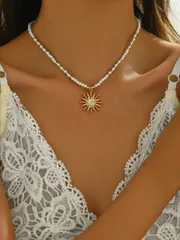 ジュエリー レディース ネックレス 1個 流行のタッセル パール ビーズ 太陽月ペンダントネックレス、ユニークなデザインの女性用ジュエリー 日常&パーティー着用