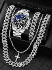 腕時計 メンズ セット 4点セット メンズ シルバーストラップ ファッションカジュアル 複合文字盤 クォーツ 腕時計 ブレスレット ネックレス ジュエリーセット 日常着用 装飾 またはホリデーギフトに適しています