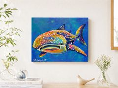 カラフルなクジラの原画 絵画 27.3×22cmキャンバス 現代アート 海