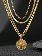 ジュエリー メンズ ネックレス ステンレス製ヴィンテージゴールドコンパスペンダントネックレスセット 3個入り、男性の日常着やギフトに適しています