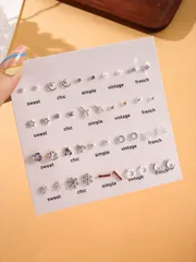 ジュエリー レディース イヤーアクセサリー セット  40個入り ハート・蝶・クローバー デザイン金属&ラインストーンインレイ スタッドピアス、ファッショナブルでパーソナライズされた女性用セット、デイリーウェア、バ