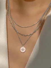 ジュエリー レディース ネックレス セット 3点セット マルチレイヤー シルバートーン ステンレス鋼チェーンネックレス、スネークボーン、スクエアフック、ラウンド型ひまわりペンダント キュービックジルコニア付き、レデ