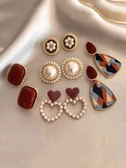 ジュエリー レディース イヤーアクセサリー セット  5個 レトロなフェイクパール フラワー 中空ハート型 2トーン ラグジュアリー&ユニークイヤースタッド ピアスセット バレンタイン