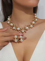 ジュエリー レディース セット 3点セット ゴールドジュエリー:フェイクパール&ブルークリスタルネックレス、ピアス、ブライダル/パーティー/デイリー使いアクセサリー