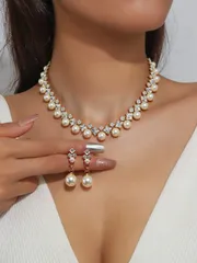 ジュエリー レディース セット 3点セット ゴールド フェイクパール、白クリスタル、ラインストーンネックレス、ピアスジュエリーセット、バレンタインデー、母の日、誕生日、結婚式、パーティー、ブライダル、日常着にも